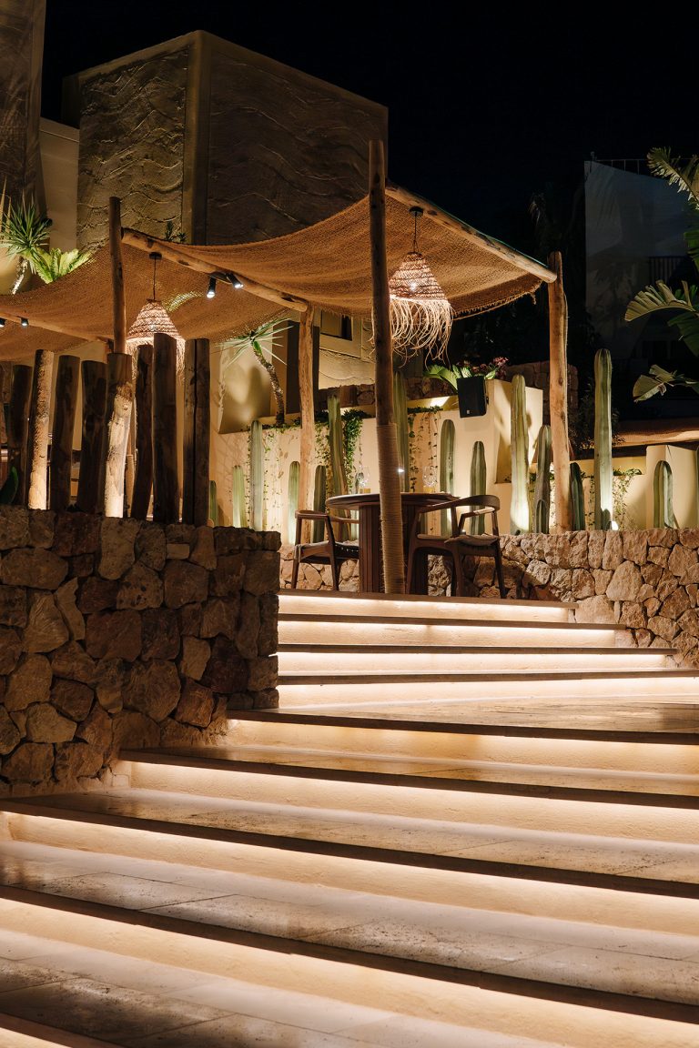 the exterior of Madunia, the lightened stairs that connect all the layers of the restaurant